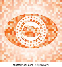 salad icon inside orange tile background illustration. Square geometric mosaic seamless pattern with emblem inside.