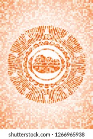 salad icon inside orange tile background illustration. Square geometric mosaic seamless pattern with emblem inside.
