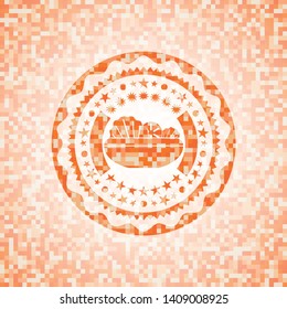 salad icon inside orange tile background illustration. Square geometric mosaic seamless pattern with emblem inside.