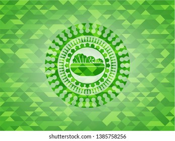 salad icon inside realistic green emblem. Mosaic background