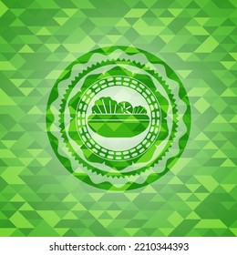 salad icon inside realistic green emblem. Mosaic background. 