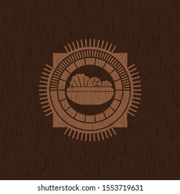 salad icon inside realistic wooden emblem