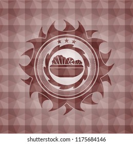salad icon inside red emblem or badge with abstract geometric polygonal pattern background. Seamless.