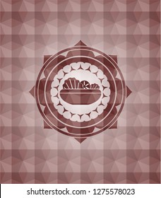 salad icon inside red emblem with geometric pattern background. Seamless.