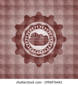 salad icon inside red emblem with geometric pattern background. Seamless. 