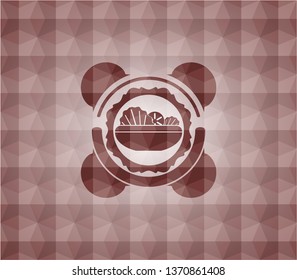 salad icon inside red seamless emblem or badge with abstract geometric pattern background.