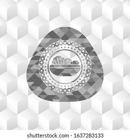 salad icon inside retro style grey emblem with geometric cube white background