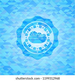 salad icon inside sky blue emblem with mosaic ecological style background