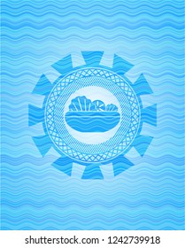 salad icon inside sky blue water style emblem.