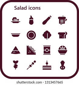 salad icon set. 16 filled salad icons.  Collection Of - Salad, Aubergine, Courgette, Sandwich, Bowl, Dish, Lettuce, Nachos, Tomato, Turnip, Vegetables, Chives