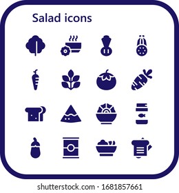 salad icon set. 16 filled salad icons.  Simple modern icons such as: Lettuce, Bowl, Chives, Courgette, Carrot, Spinach, Tomato, Sandwich, Nachos, Salad, Fish food, Aubergine
