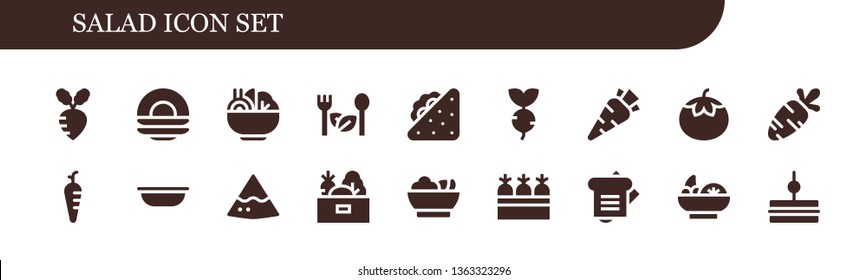 salad icon set. 18 filled salad icons.  Simple modern icons about  - Turnip, Dish, Salad, Sandwich, Carrot, Tomato, Bowl, Nachos, Vegetables, Carrots