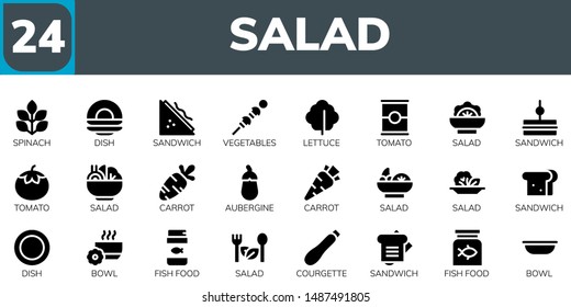 salad icon set. 24 filled salad icons.  Simple modern icons about  - Spinach, Dish, Sandwich, Vegetables, Lettuce, Tomato, Salad, Carrot, Aubergine, Bowl, Fish food, Courgette