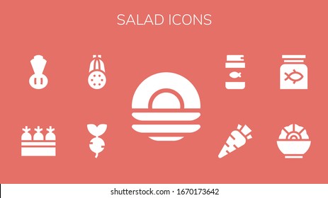 salad icon set. 9 filled salad icons. Included Dish, Turnip, Courgette, Carrots, Chives, Salad, Fish food, Carrot icons