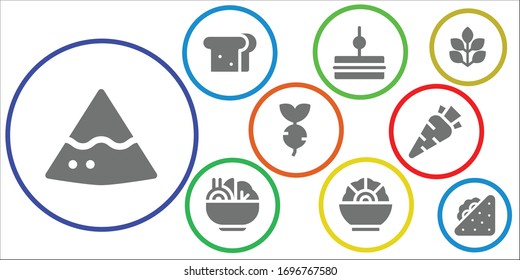 Salad Icon Set. 9 Filled Salad Icons.  Simple Modern Icons Such As: Nachos, Sandwich, Salad, Turnip, Carrot, Spinach