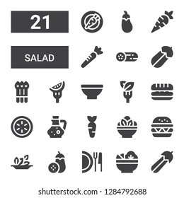 salad icon set. Collection of 21 filled salad icons included Courgette, Salad, Dish, Aubergine, Hamburger, Carrot, Vinegar, Cucumber, Sandwich, Bowl, Tomato, Asparagus