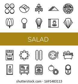 conjunto de iconos de ensalada. Colección de Burger bun, Spinach, Cabbage, Celery, Parsley, Salad, Sandwich, Soup, Thai food, Wine menu, Cauliflower, Buffet, Cucumber, Pickled, Iconos de tomate