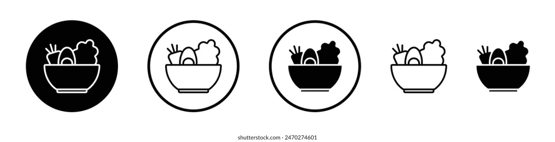 Salad icon set. Healthy vegetable and fruit salad bowl vector symbol in vegetarian plate-based diet sign style. Lettuce, carrot salad icon.