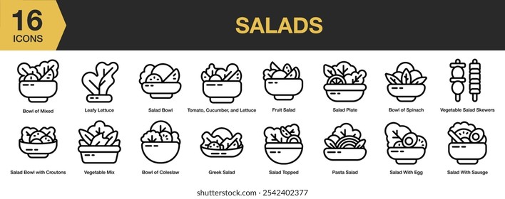 Conjunto de ícones de salada. Inclui coleslaw, misturado, espinafre, frutas, salada grega e muito mais. Contornar coleção de vetores de ícones.