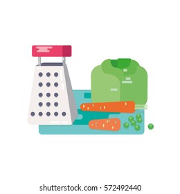 Salad icon. Vegetables - carrot, cabbage, green peas and 
grater vector icon. Preparation of salad