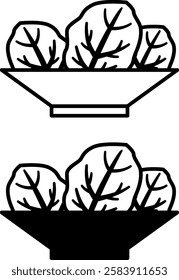 Salad Icons. Black and White Vector Drawings. Salad Leaves on Plate. Natural and Organic Food. Vegetarianism. Meal Concept