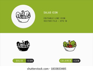 Salad icons set editable stroke vector illustration. Healthy ingredients recipe concept. Icon line style on isolated background for ui mobile app, web design, and presentation.