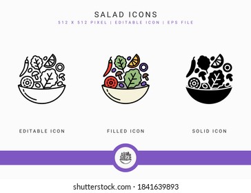 Salad icons set vector illustration with solid icon line style. Healthy diet food concept. Editable stroke icon on isolated white background for web design, user interface, and mobile application