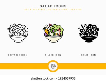 Salad icons set vector illustration with solid icon line style. Healthy vegan bowl concept. Editable stroke icon on isolated white background for web design, user interface, and mobile application