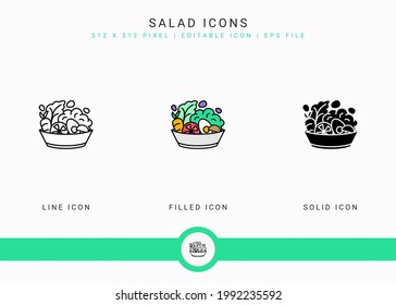 Salad icons set vector illustration with solid icon line style. Vegetarian diet food concept. Editable stroke icon on isolated white background for web design, user interface, and mobile application