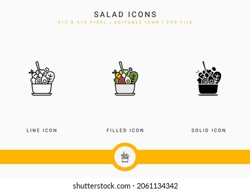 Salad icons set vector illustration with solid icon line style. Healthy vegan ingredients concept. Editable stroke icon on isolated white background for web design, user interface, mobile application