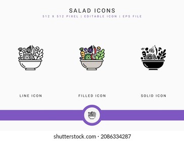 Salad icons set vector illustration with solid icon line style. Vegetable diet nutrition concept. Editable stroke icon on isolated white background for web design, user interface, and mobile app