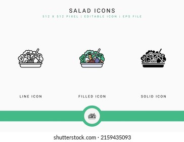 Los iconos de ensalada establecen la ilustración vectorial con el estilo de línea de icono sólido. El concepto de ingredientes veganos saludables. Icono de trazo editable sobre fondo blanco aislado para diseño web, interfaz de usuario y aplicación móvil