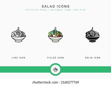 Salad icons set vector illustration with solid icon line style. Healthy vegan ingredients concept. Editable stroke icon on isolated white background for web design, user interface, and mobile app