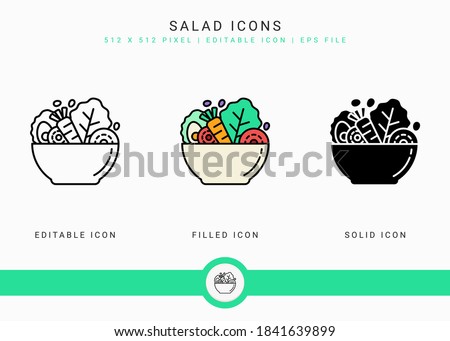 Salad icons set vector illustration with solid icon line style. Healthy diet food concept. Editable stroke icon on isolated white background for web design, user interface, and mobile application