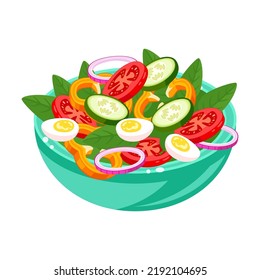 Salad illustration in cartoon style. Healthy and tasty food ideas. Dishes for keeping fit. Original salads ingredients