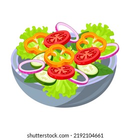 Salad illustration in cartoon style. Vegetable, fish and meat salad. Original salads ingredients