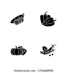 Salad ingredient black glyph icons set on white space. Whole cucumber with slices. Bulgarian peppers. Pumpkin for thanksgiving. Veggies for dieting. Silhouette symbols. Vector isolated illustration