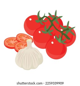 Salad ingredient icon isometric vector. Branch of fresh cherry tomato and garlic. Organic vegetable, food concept