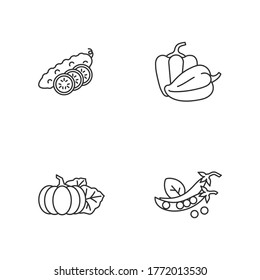 Salad ingredient pixel perfect linear icons set. Whole cucumber with slices. Bulgarian peppers. Customizable thin line contour symbols. Isolated vector outline illustrations. Editable stroke