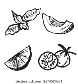 Salad ingredients cherry tomato, avocado, lemon and basil leaves in black brush stroke texture isolated on white. Hand drawn vector sketch illustration in vintage charcoal. Pesto recipe