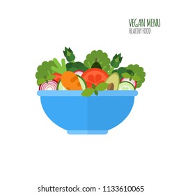 Salad ingredients in flat style. Vegan menu. Salad bowl. Food icon. Healthy food concept. Vector illustration.