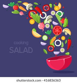 Salad Ingredients Flying Into Bowl Flat Bright Colors Simple Style Vector Illustration On Dark Blue Background