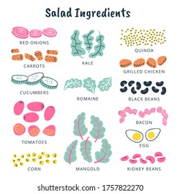 Salad ingredients illustration. Meal prep, make ahead healthy lunch. Colorful vector elements. Pastel color palette, isolated on white background.
