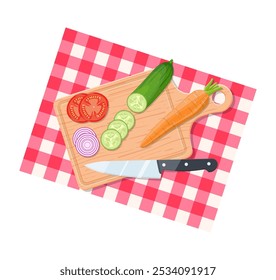 Salad ingredients on cutting board with knife. Vegetables on table for salad. Vegetables for mixing salad. vector illustration in flat design