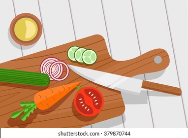 Salad ingredients on cutting board vector set. Salad ingredients with knife vector illustration. Vegetables on table for salad. Vegetables for mixing salad. Salad ingredients top view. 