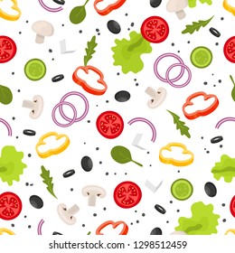 Salad ingredients. Seamless pattern. Vegetables. Vector