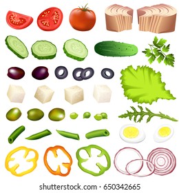 Salad ingredients. Set of hand drawn vector illustrations isolated on white background.