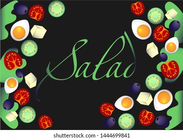 salad isolated on black background. Greek salad: red tomatoes,  cheese, lettuce, cucumber, olives and olive oil.