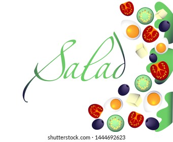 salad isolated on white background. Greek salad: red tomatoes,  cheese, lettuce, cucumber, olives and olive oil. Vector