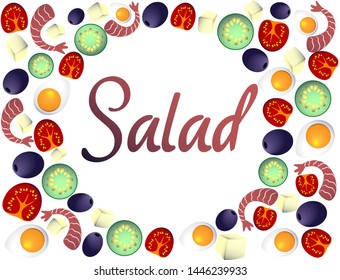 salad isolated on white background. Salad: shrimp, red tomatoes,  cheese, lettuce, cucumber, olives and olive oil. Vector